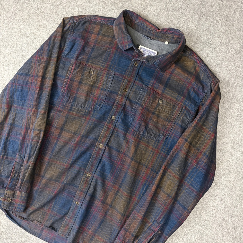 Prana Mens XL Corduroy Button Down Shirt Blue Brown Plaid Long Sleeve Pockets